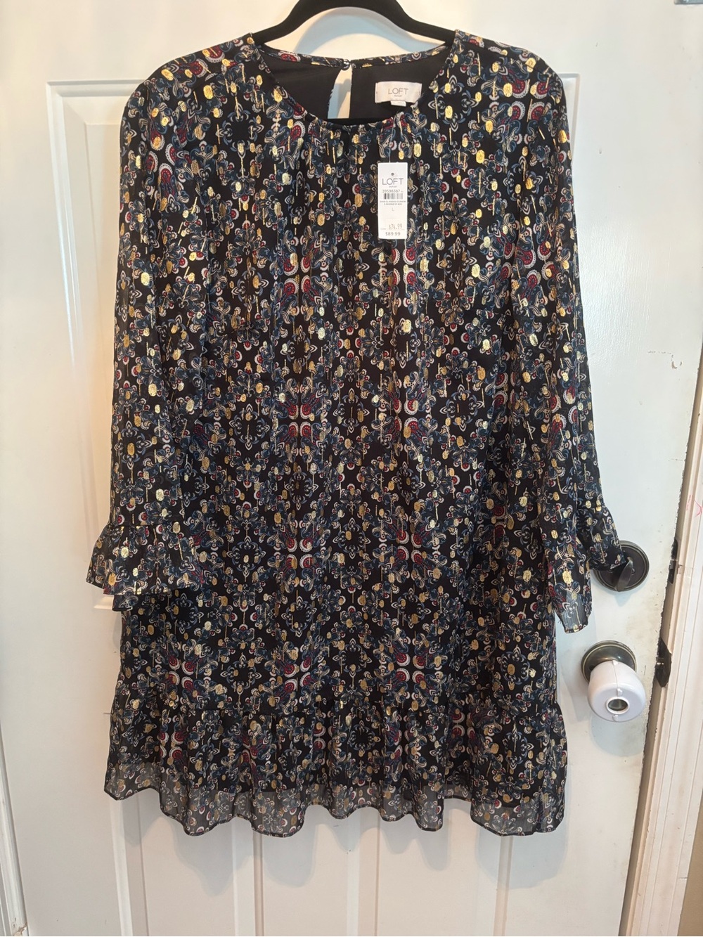 LOFT Navy Paisley Ruffle Hem Long-Sleeve Dress NWT